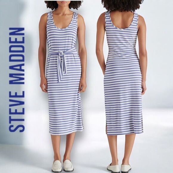 STEVE MADDEN Women’s Stripe Tie Waist Midi Dress in the Size Large in Faded Ink - Picture 2 of 6